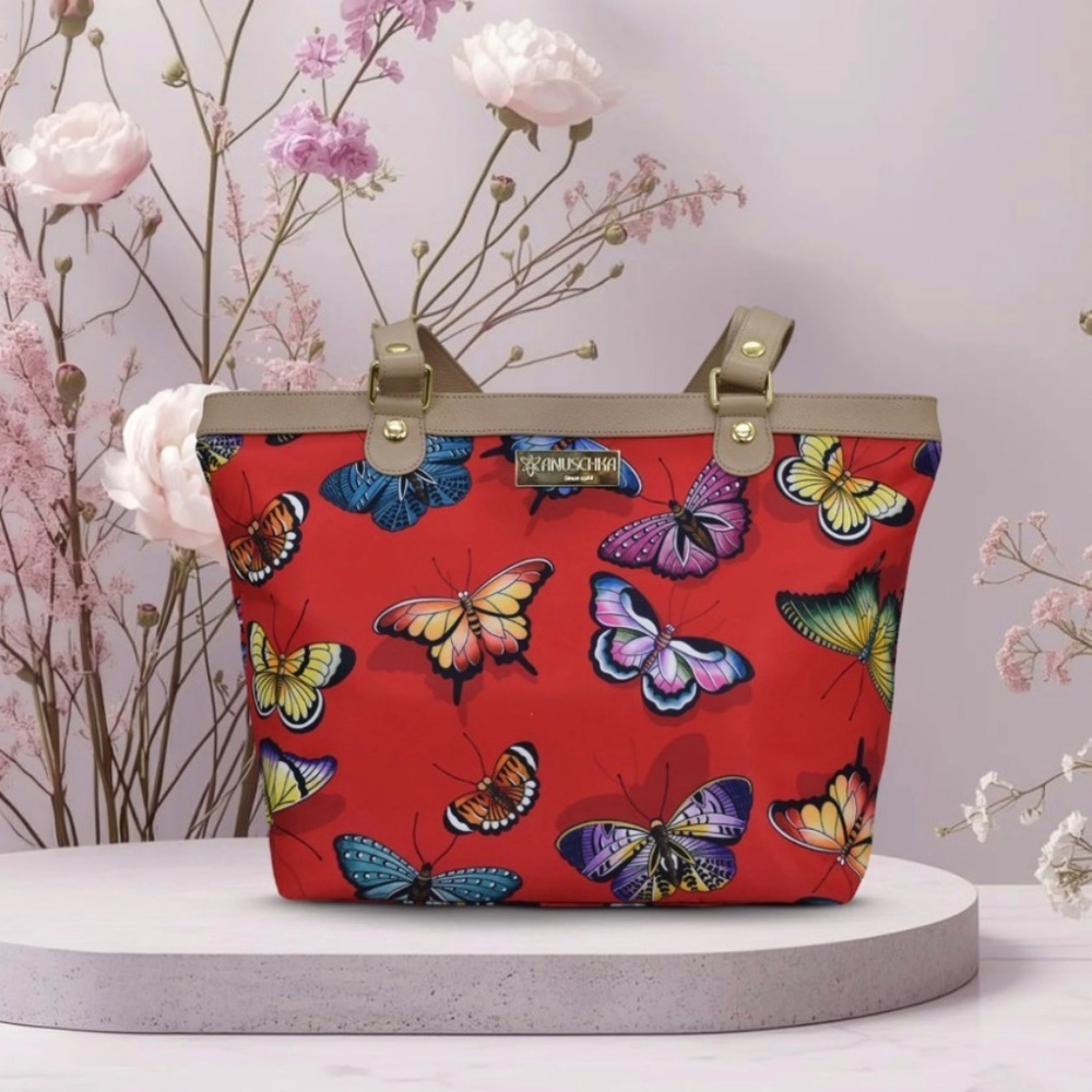 Anuschka City Tote - Large Red Fabric Shoulder Bag - Butterfly Pattern - NWOT